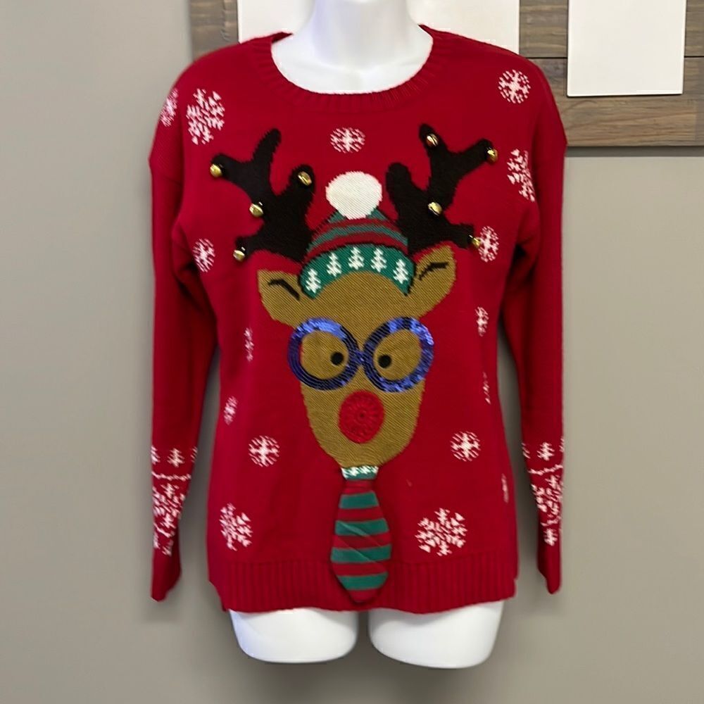 United States Sweater Red Christmas Crewneck Sweater with Reindeer & Bells-Small